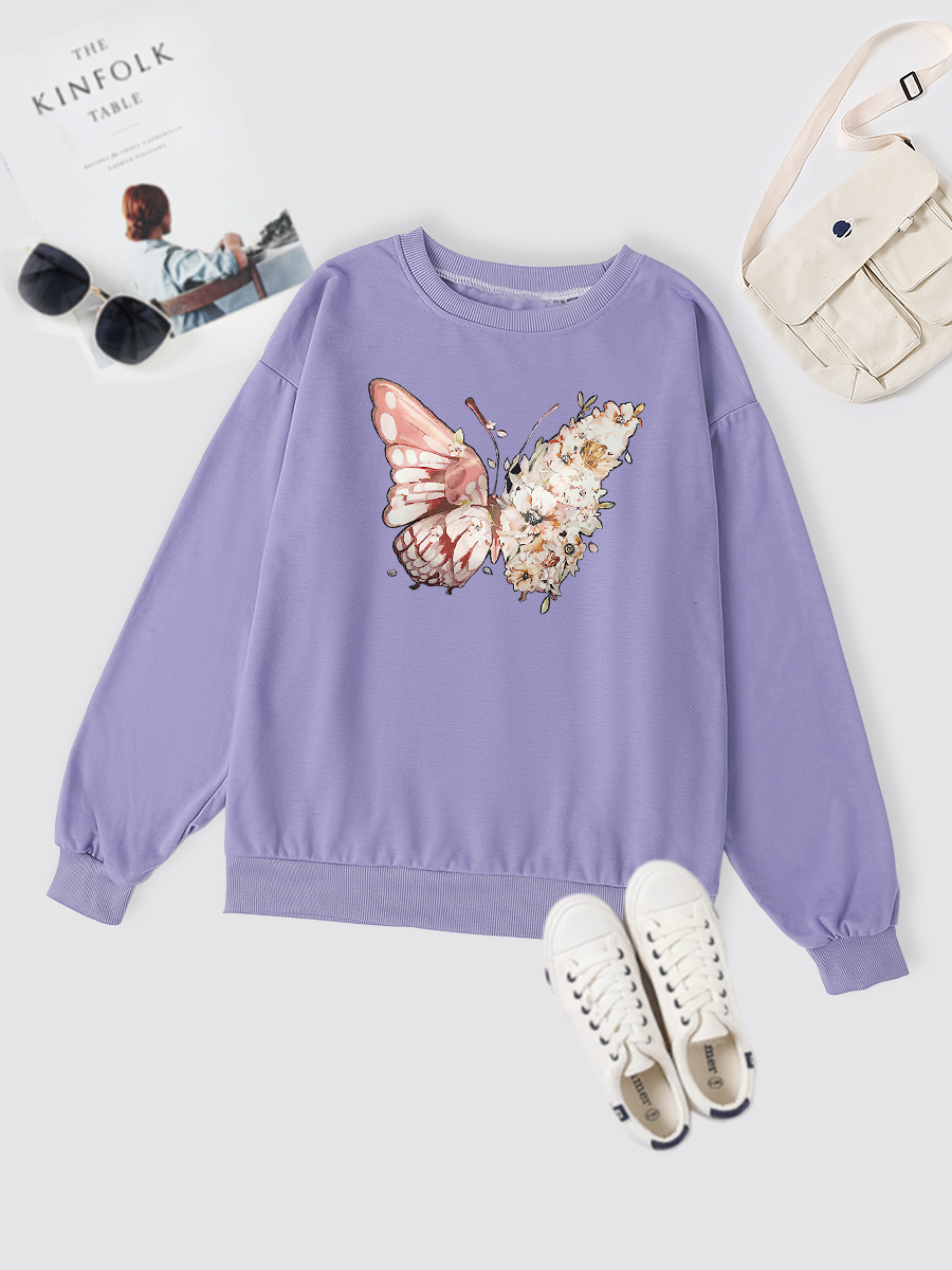 Butterfly Print Round Neck Sweatshirt NSSYD116221