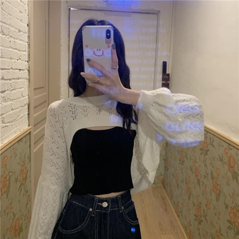 Long-Sleeved Solid Color Hollow Knitted Crop Top NSSYD116207