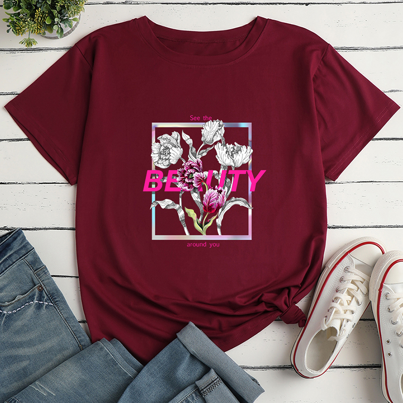 Rose Print Loose Short Sleeve T-Shirt NSYAY116398