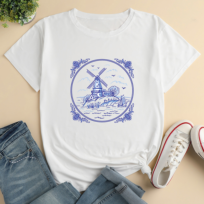 Cartoon Windmill House Print Loose T-Shirt NSYAY116395