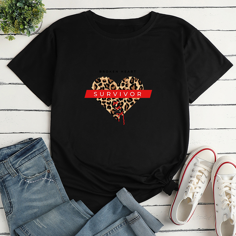 Leopard Heart Print Short Sleeve Loose T-Shirt NSYAY116391