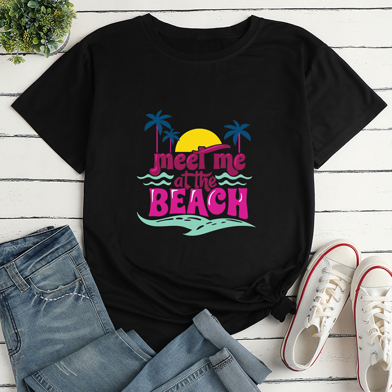 Letters Beach Print Ladies Loose Short Sleeve T-Shirt NSYAY116387