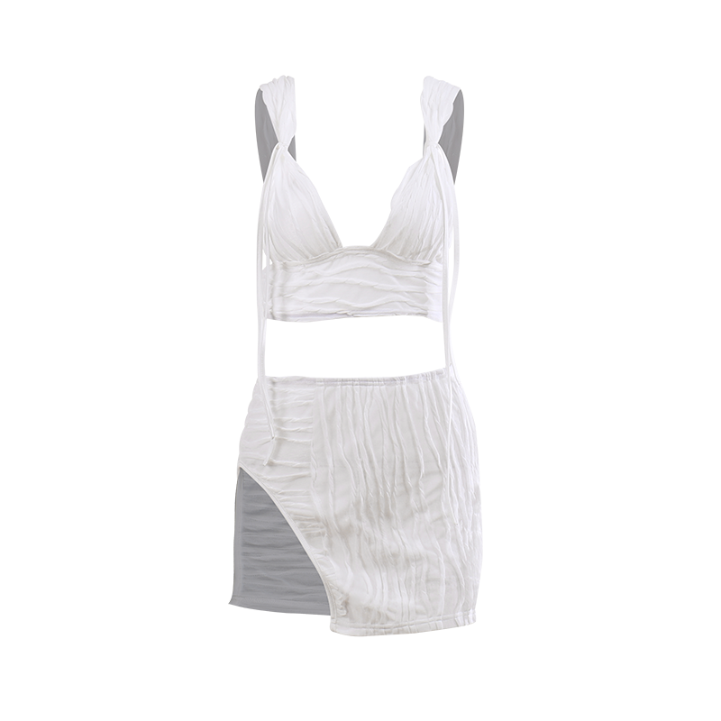 Sling Low-Cut Split Slim Solid Color Top And Skirt Set NSPPF116293