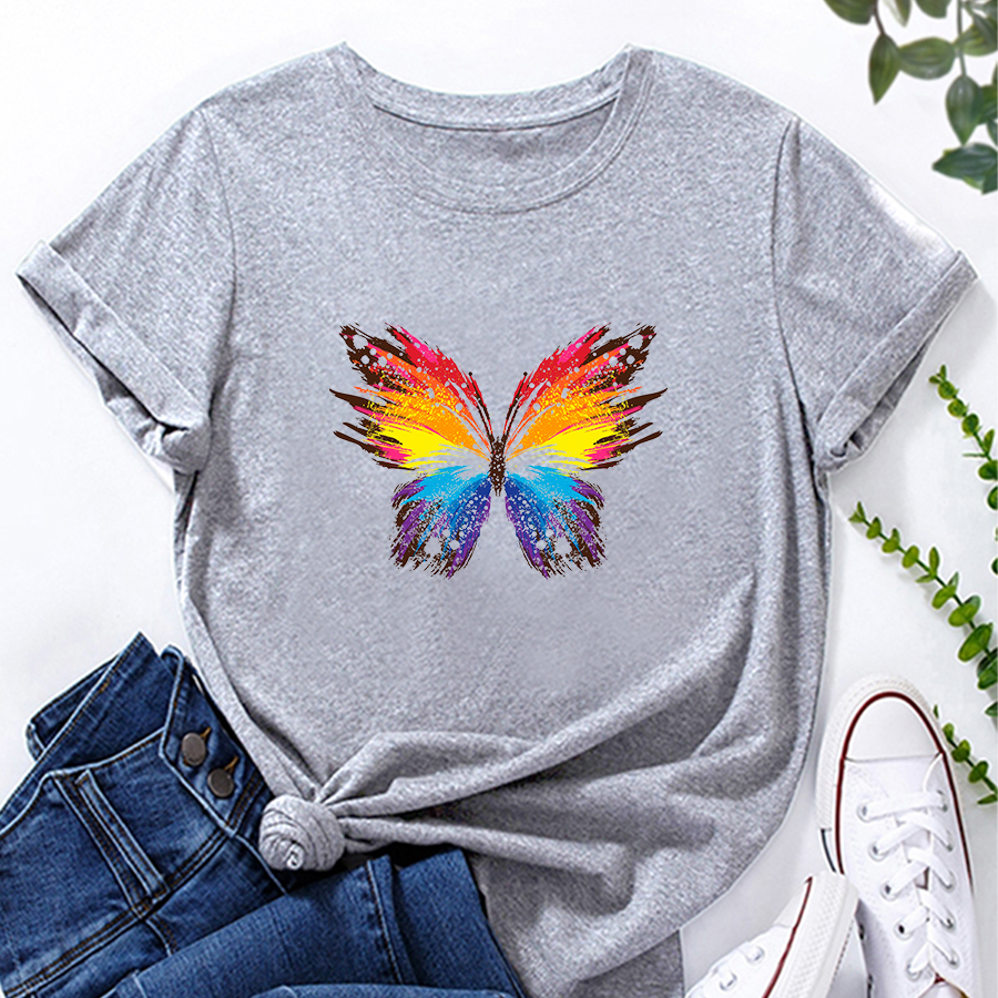 Camiseta de manga corta suelta con estampado de mariposas de color NSYAY116379