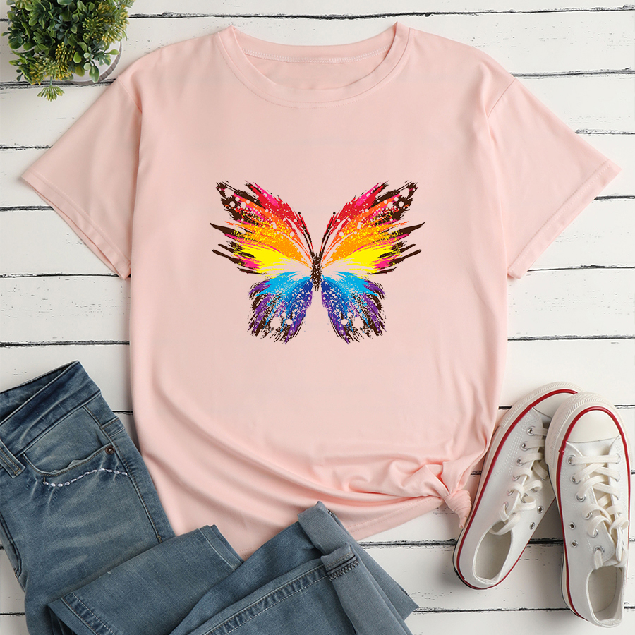 Color Butterfly Print Loose Short Sleeve T-Shirt NSYAY116379