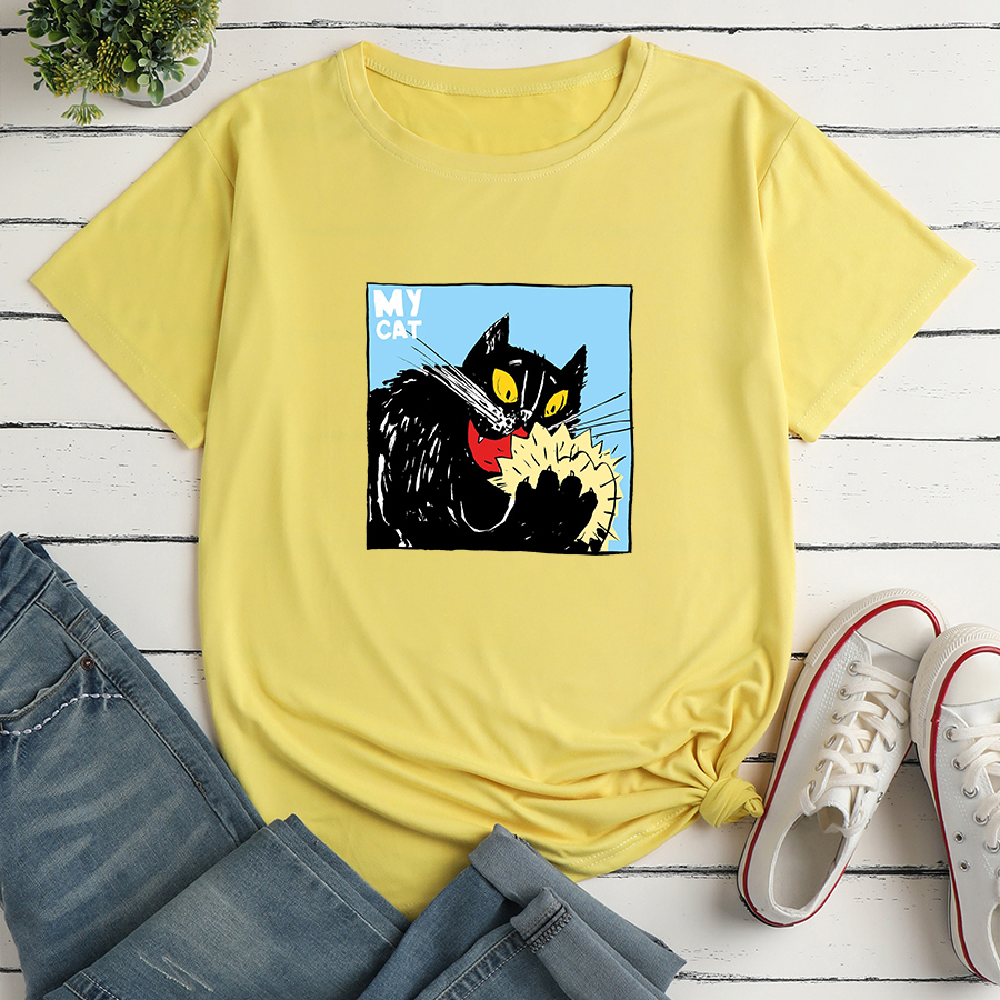 Camiseta de manga corta suelta con estampado de gato de dibujos animados NSYAY116367