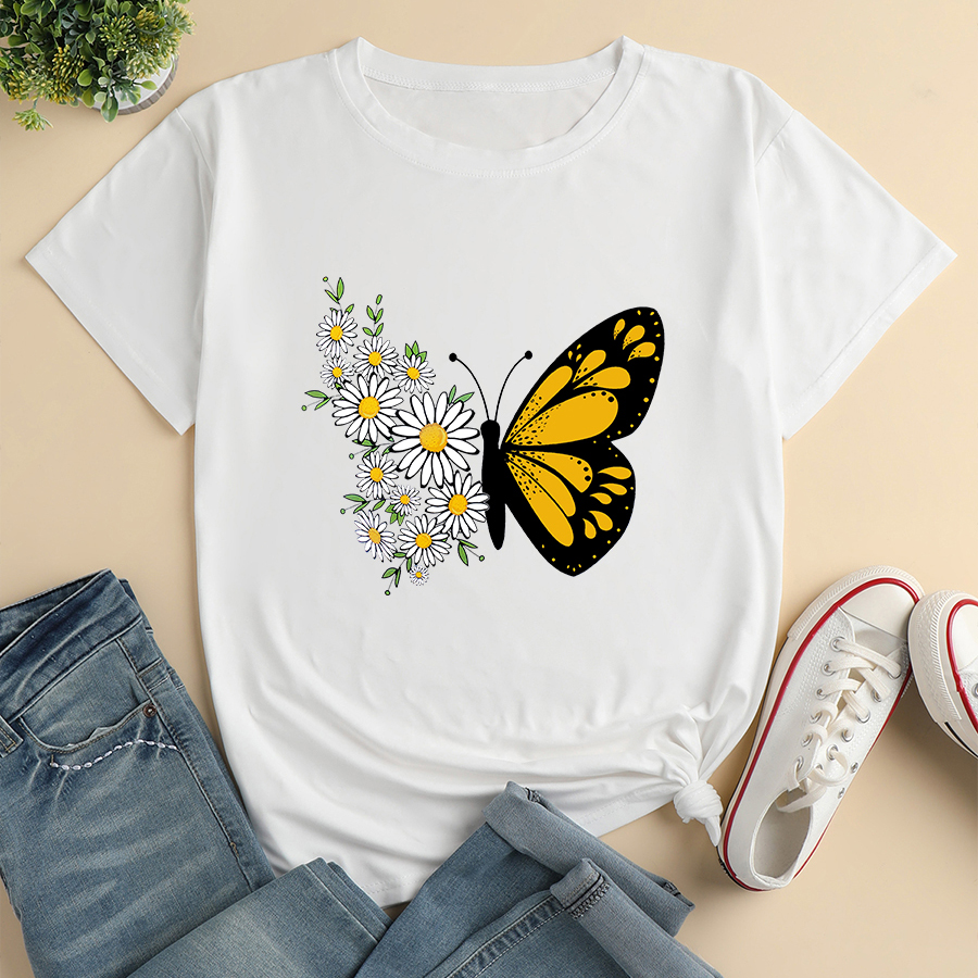 Flower Butterfly Print Loose Short Sleeve T-Shirt NSYAY116366
