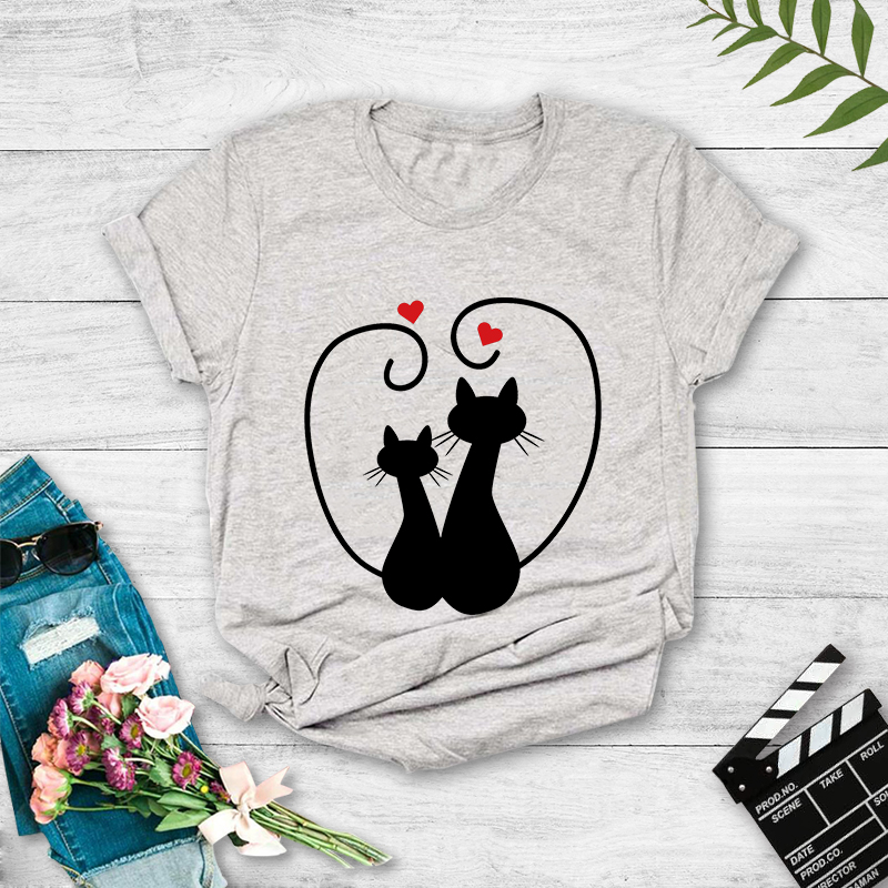 Two Cats Heart Print Short Sleeve T-Shirt NSYAY117232