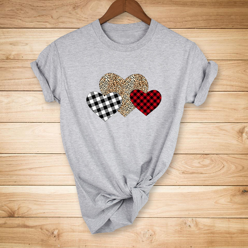 Colorblock Plaid Three Hearts Print Short Sleeve T-Shirt NSYAY117231