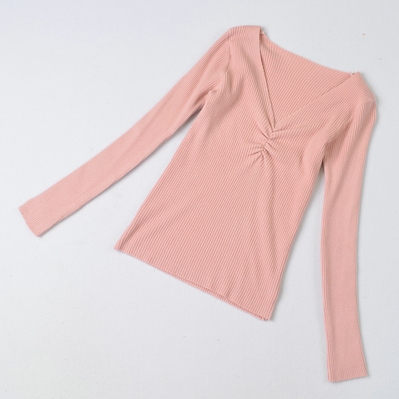 solid color V-neck slim fit long-sleeved knitted top NSYAY117141