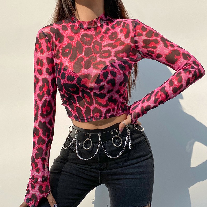 short slim long sleeve leopard print mesh T-shirt NSHFH118670