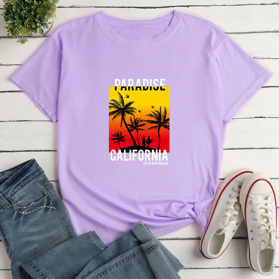 Camiseta holgada de manga corta con estampado de paisaje de playa y letras NSYAY122742