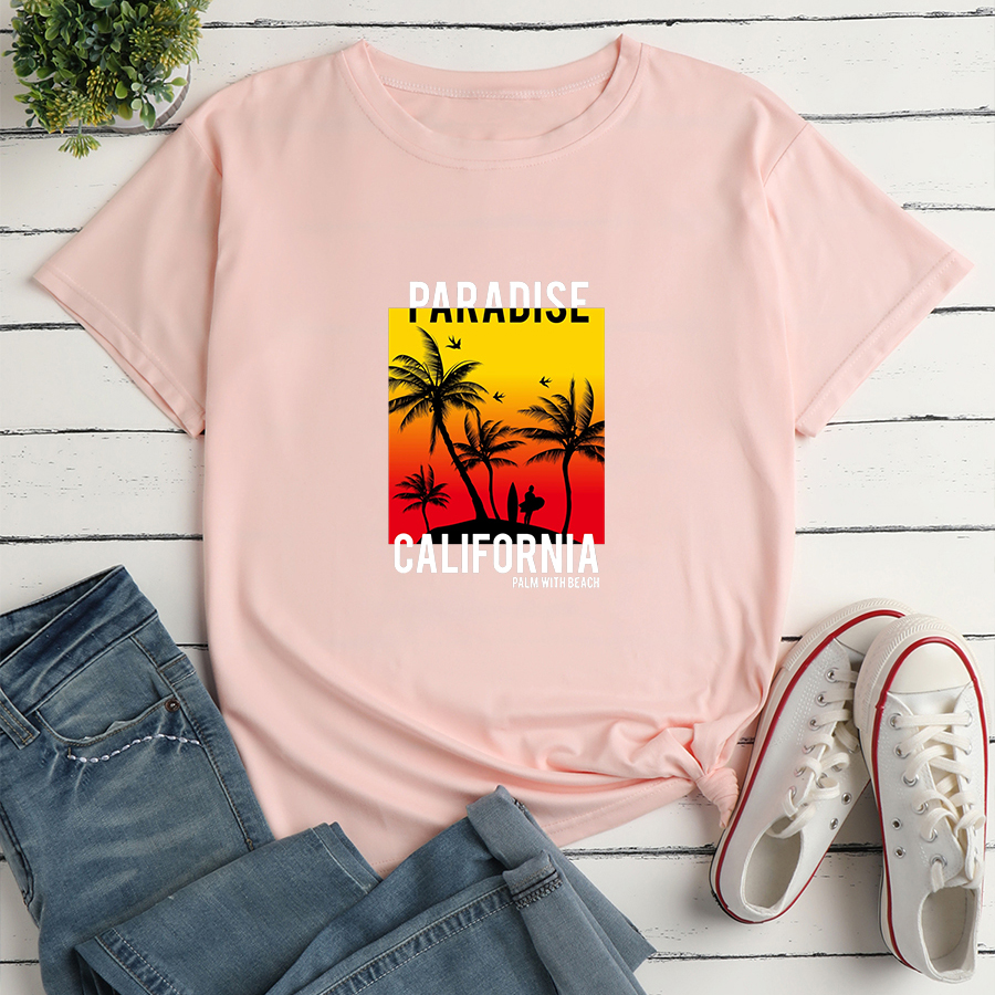 Camiseta holgada de manga corta con estampado de paisaje de playa y letras NSYAY122742