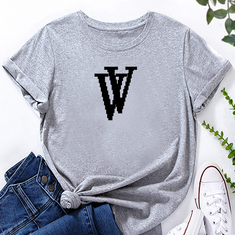 letter double V pattern print Casual and simple short-sleeved round neck T-shirt NSYID122733