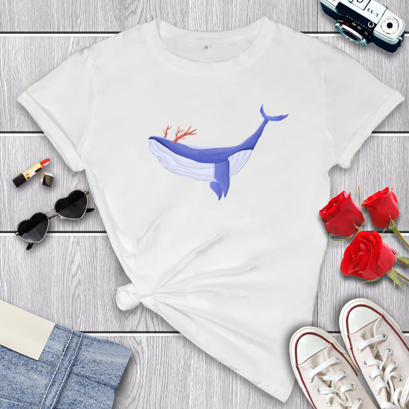 summer short-sleeved round neck whale pattern printing T-shirt  NSYID119859