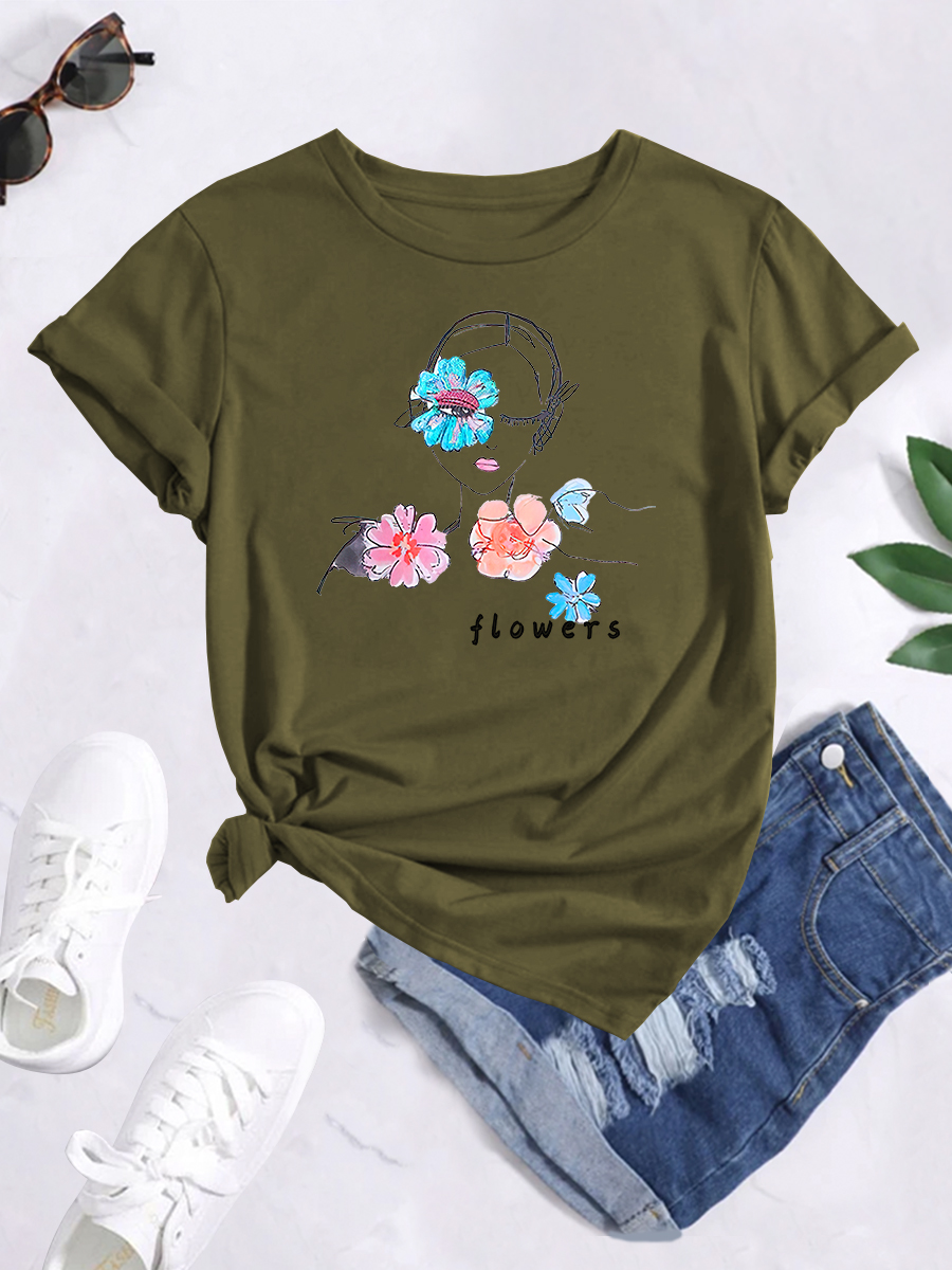 combed cotton line beauty flower print short sleeve T-shirt NSSYD122719
