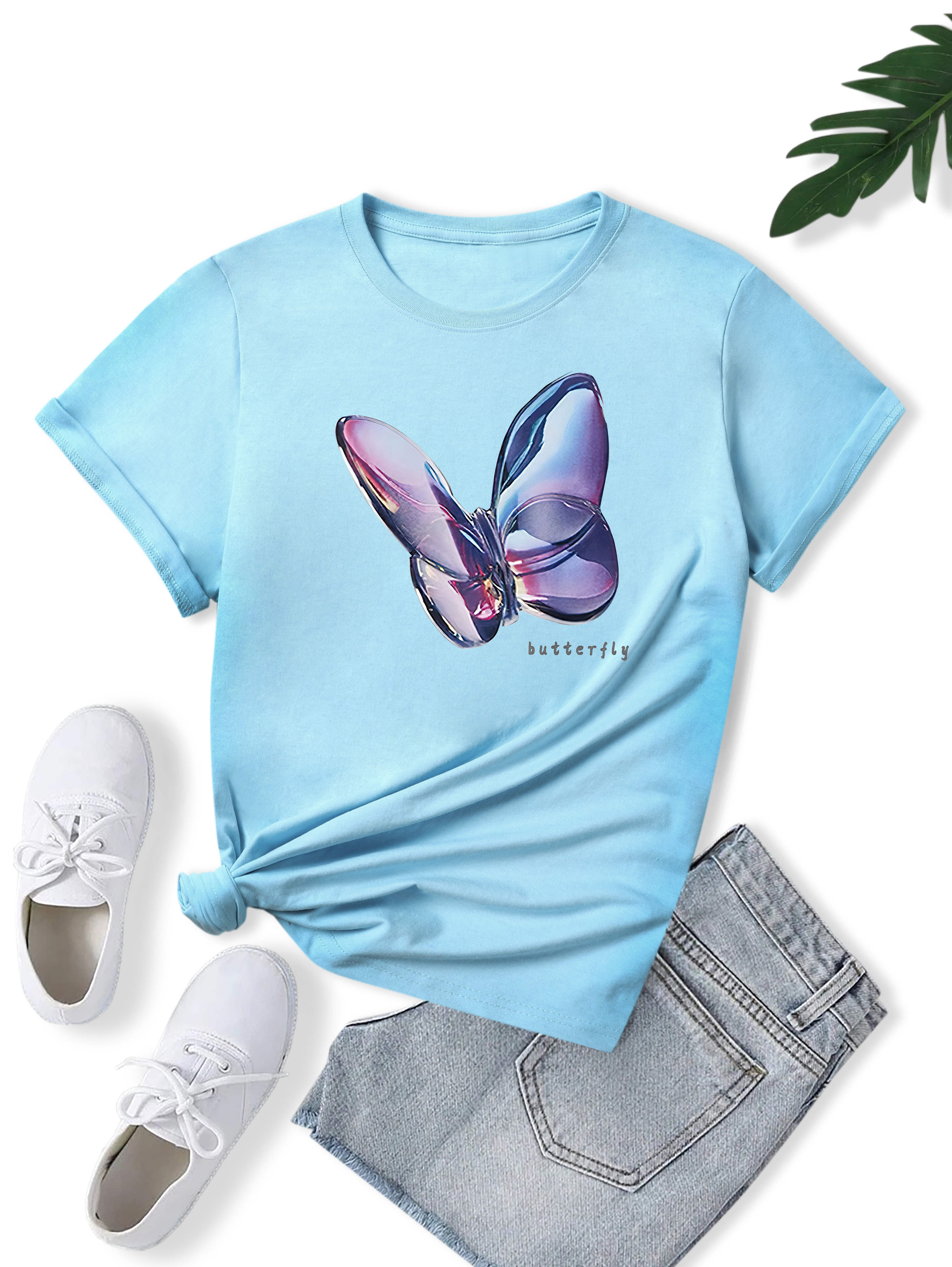 combed cotton short sleeve colorful butterfly print T-shirt NSSYD123168