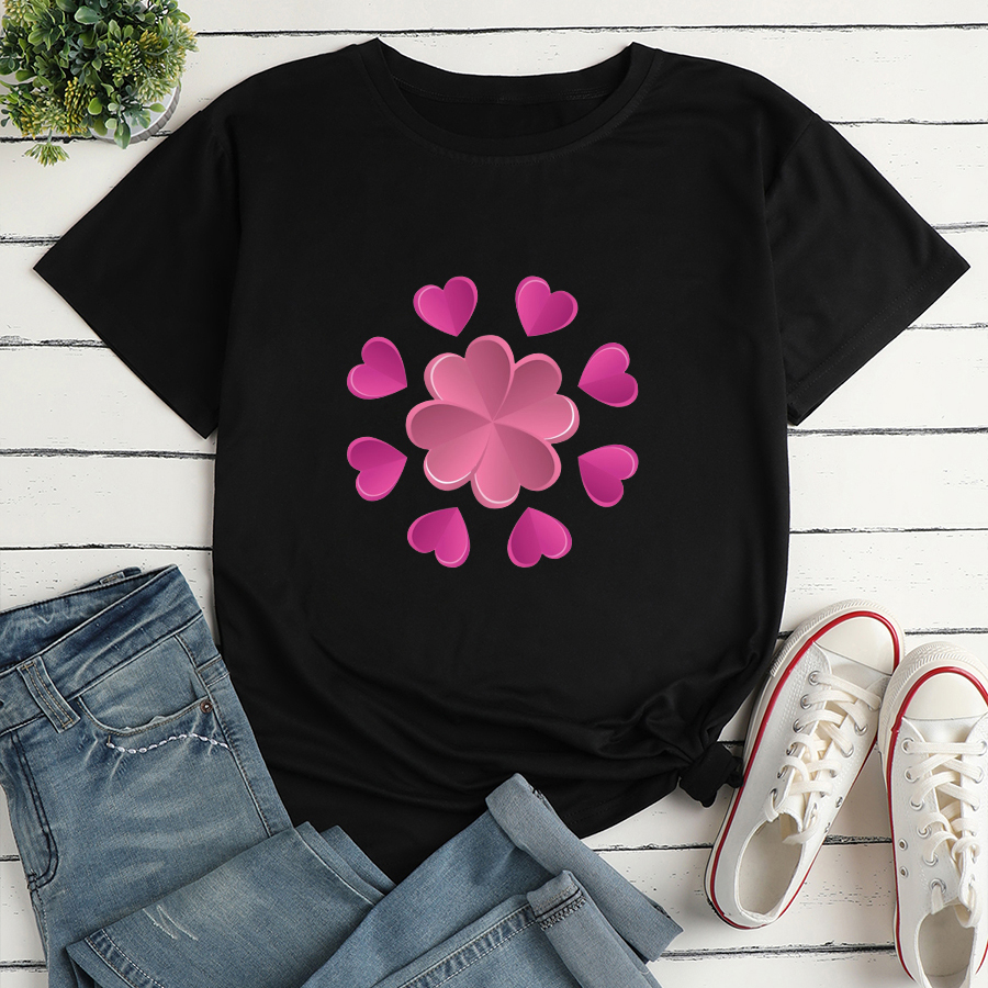 Flower and Heart Print Loose short sleeve T-Shirt NSYAY126442