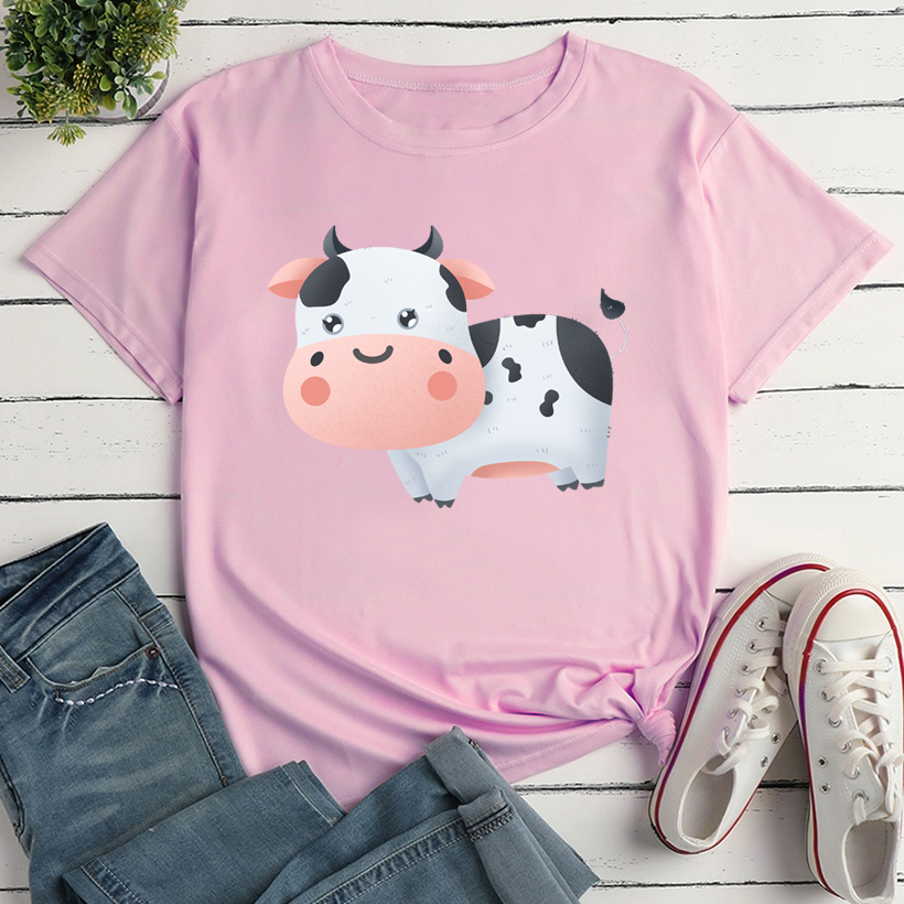 Camiseta de manga corta con cuello redondo y estampado de vaca pequeña NSYID123099