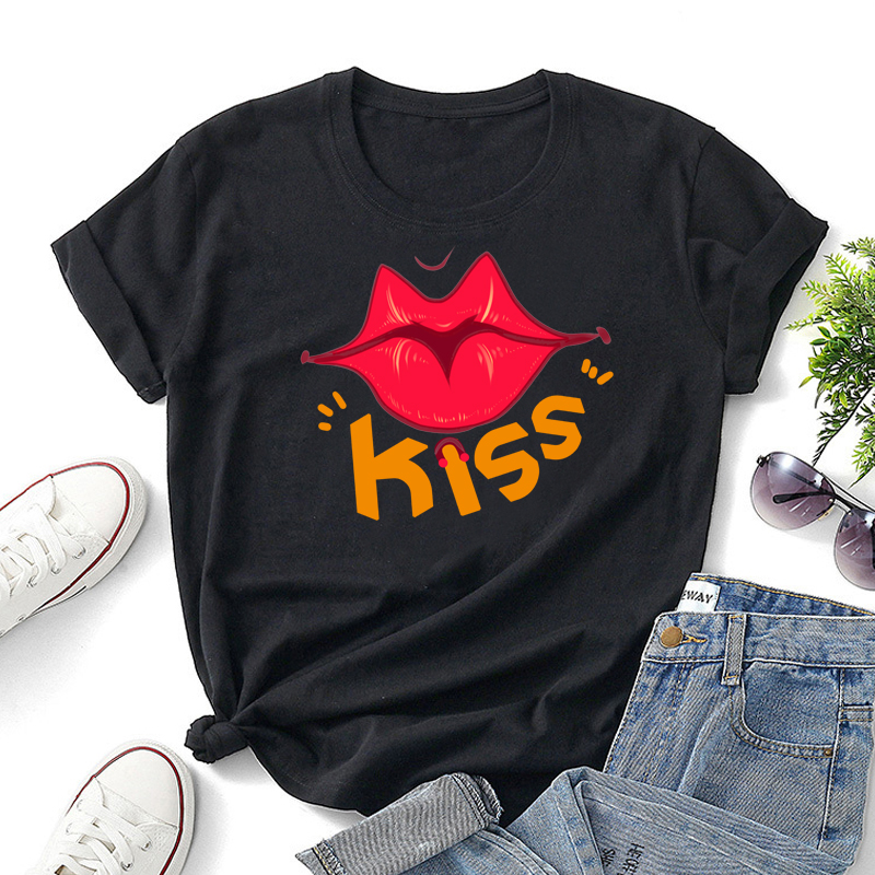 kissing Mouth pattern printing short-sleeved round neck T-shirt NSYID123096