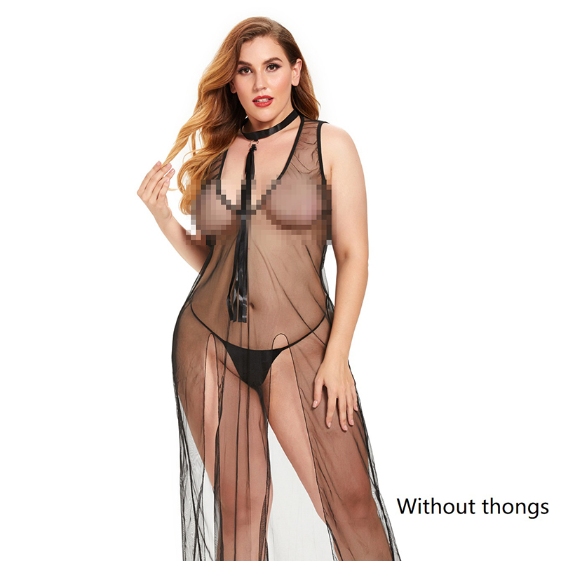 Plus Size sleeveless slit low-cut see-through sexy Dress and tie set without belt NSLXQ123085