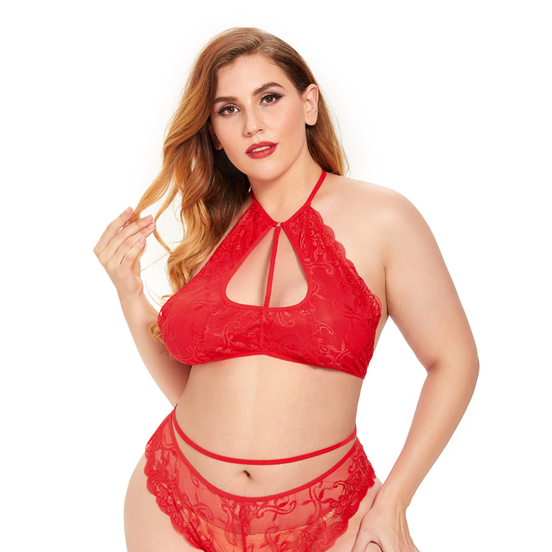 Plus Size hanging neck backless lace-up solid color see-through underwear set NSLXQ123084