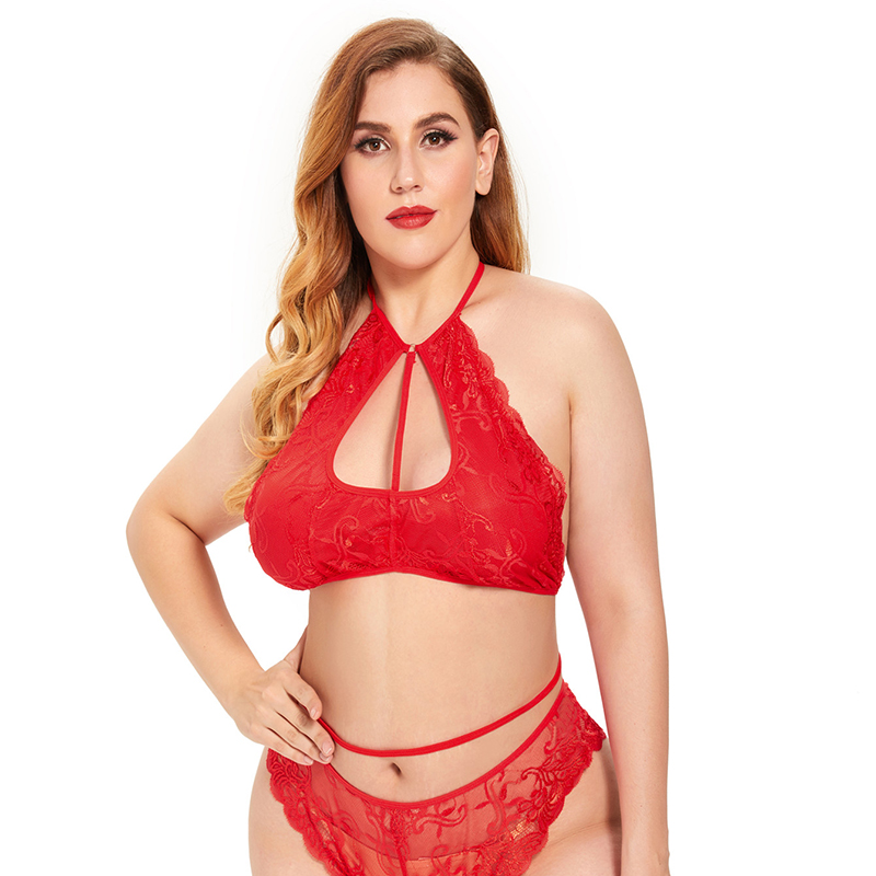Plus Size hanging neck backless lace-up solid color see-through underwear set NSLXQ123084