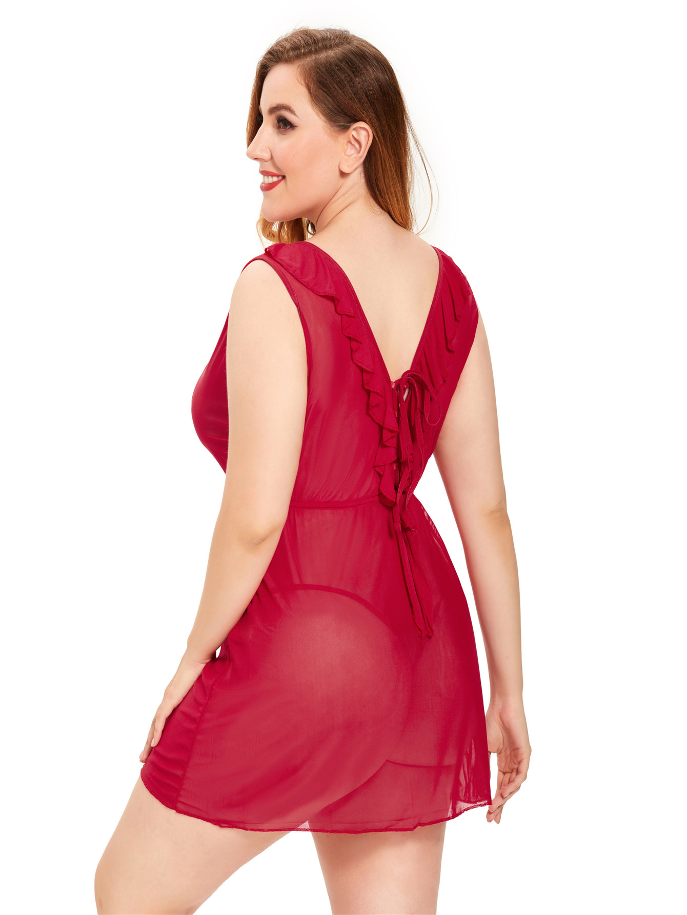Plus Size V-Neck sleeveless sexy solid color see-through Pajama NSLXQ123074