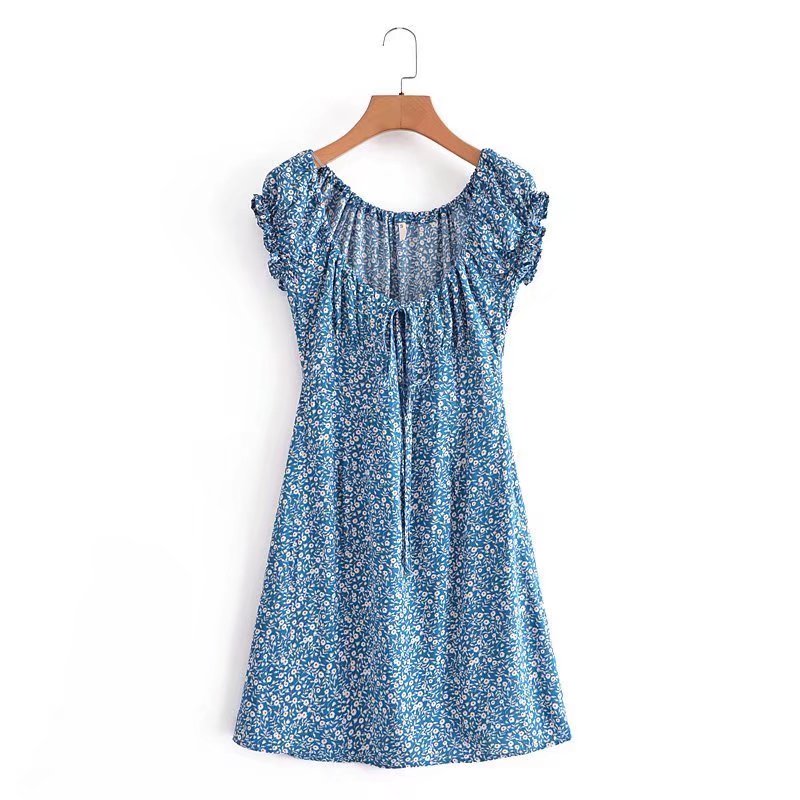 Floral print short-sleeved u-neck Drawstring short-sleeved Dress NSLAY122744