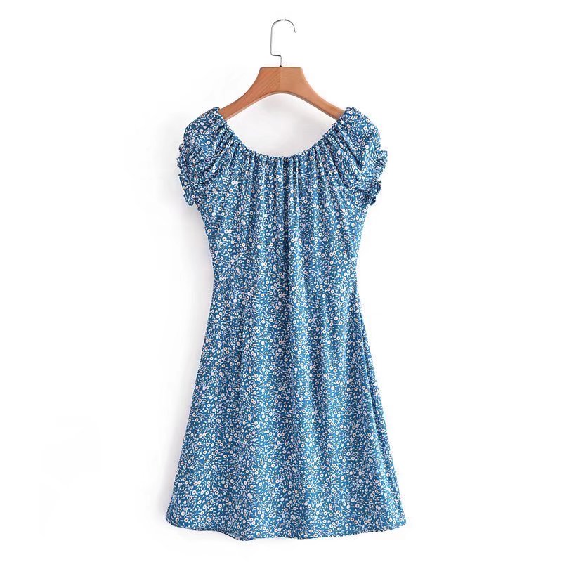Floral print short-sleeved u-neck Drawstring short-sleeved Dress NSLAY122744