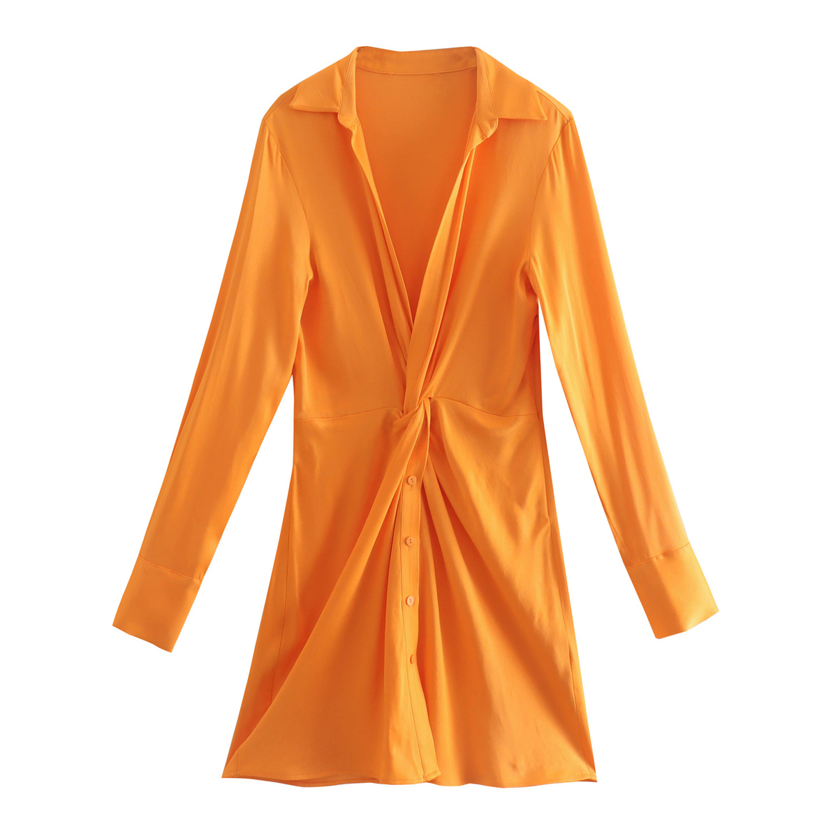 vestido camisero naranja de manga larga de raso de seda con solapa anudada NSLAY122746