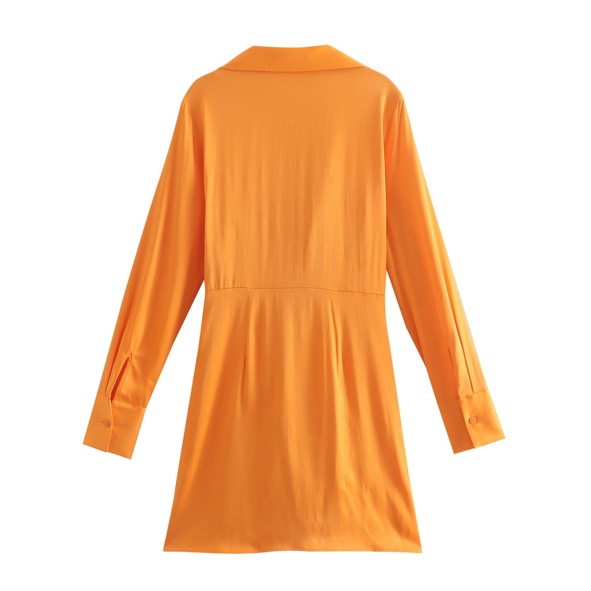 orange long-sleeved silk satin knotted lapel shirt dress NSLAY122746