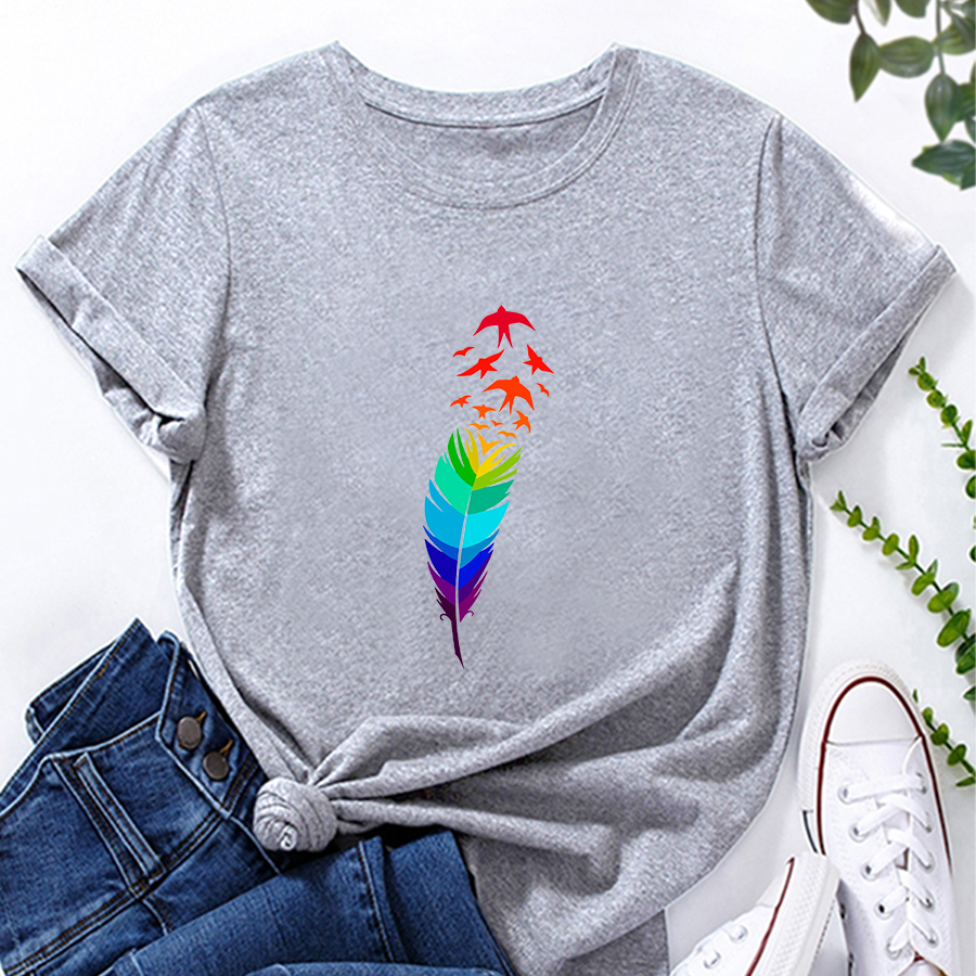Colorful Feather Print Loose short sleeve T-Shirt multicolors NSYAY128128