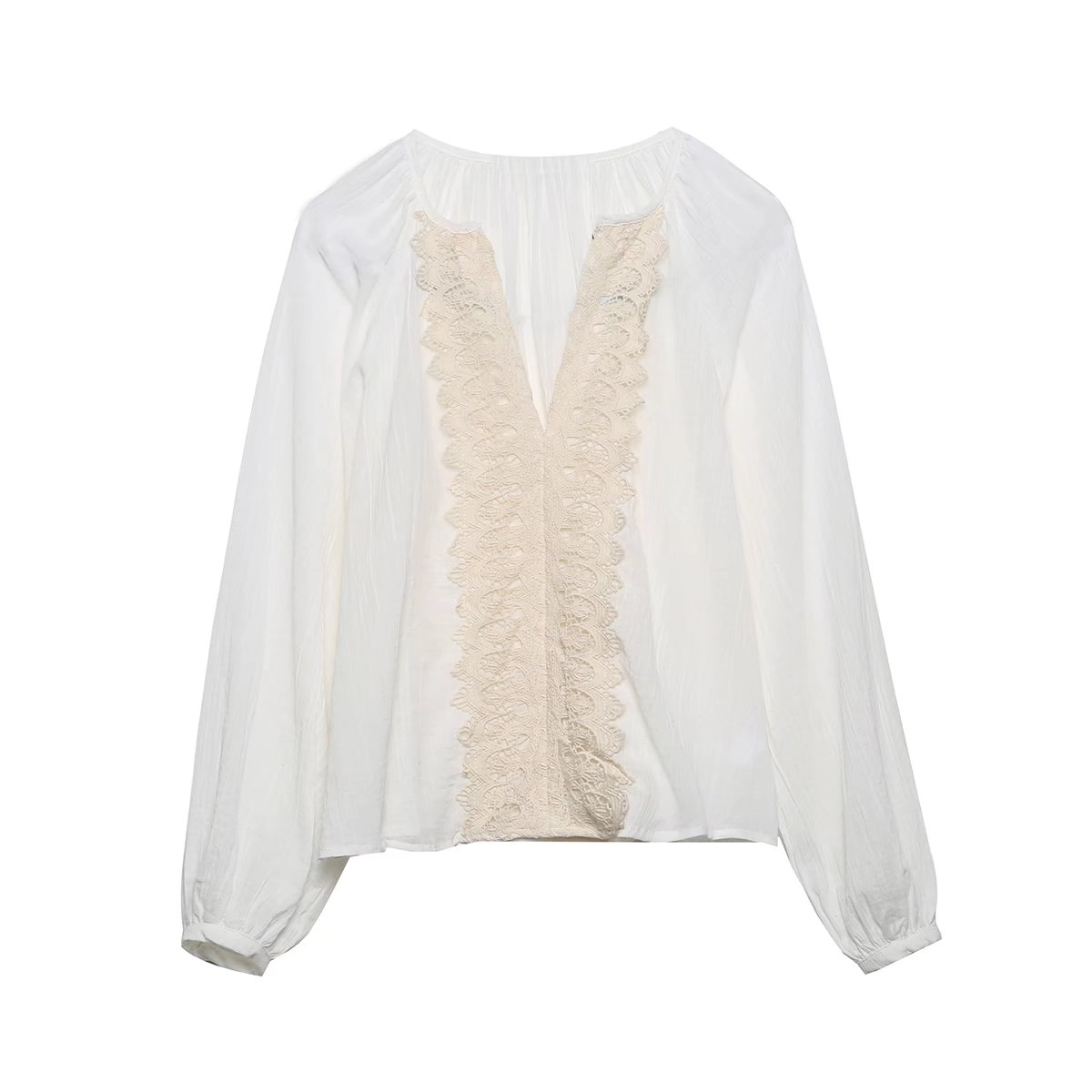 white long-sleeved v-neck Crochet Panel Shirt NSLAY123739