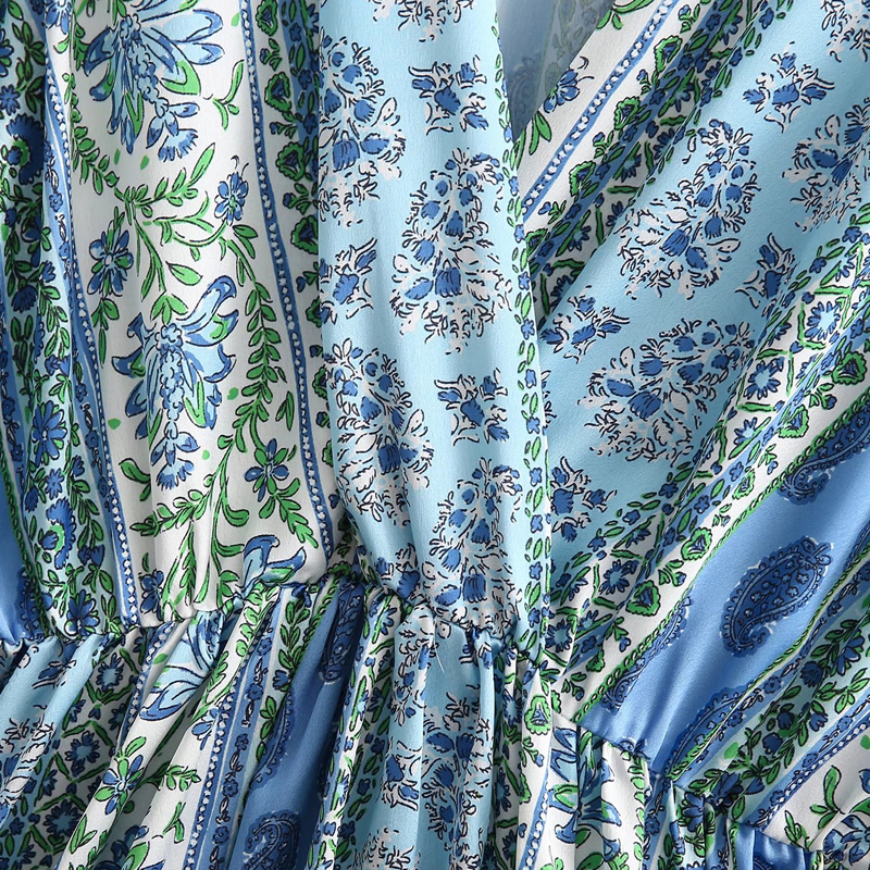 print vintage patchwork long-sleeve v neck dress NSLAY124199