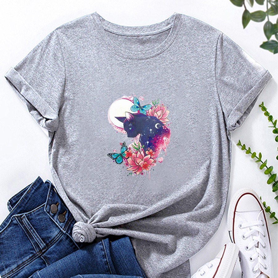 Camiseta holgada de manga corta con estampado de mariposas y gatos NSYAY125669