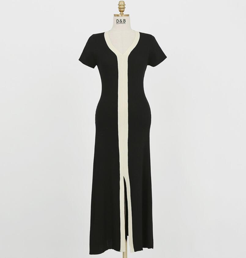 Color Matching V-Neck Knitted slit Dress NSLQL126516