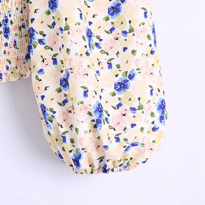 Square Neck backless puff sleeve slim floral Top NSLAY126862