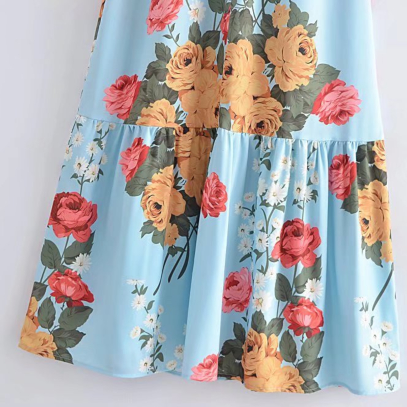 slim suspender backless low-cut large flower print dress NSLAY127173