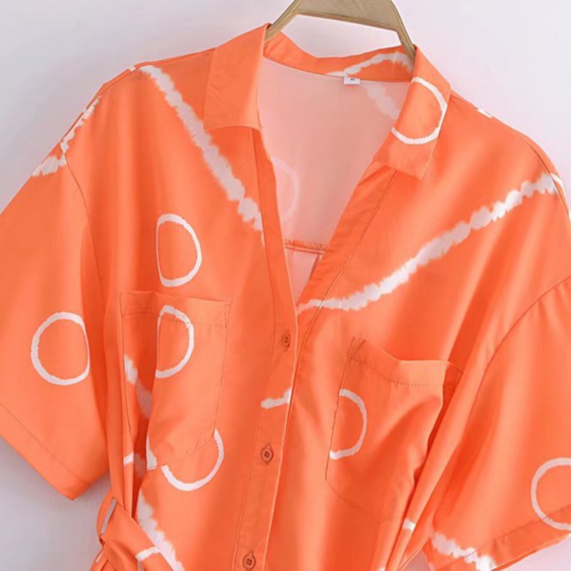 abstract print breasted lace-up short sleeve lapel shirt dress NSLAY127170