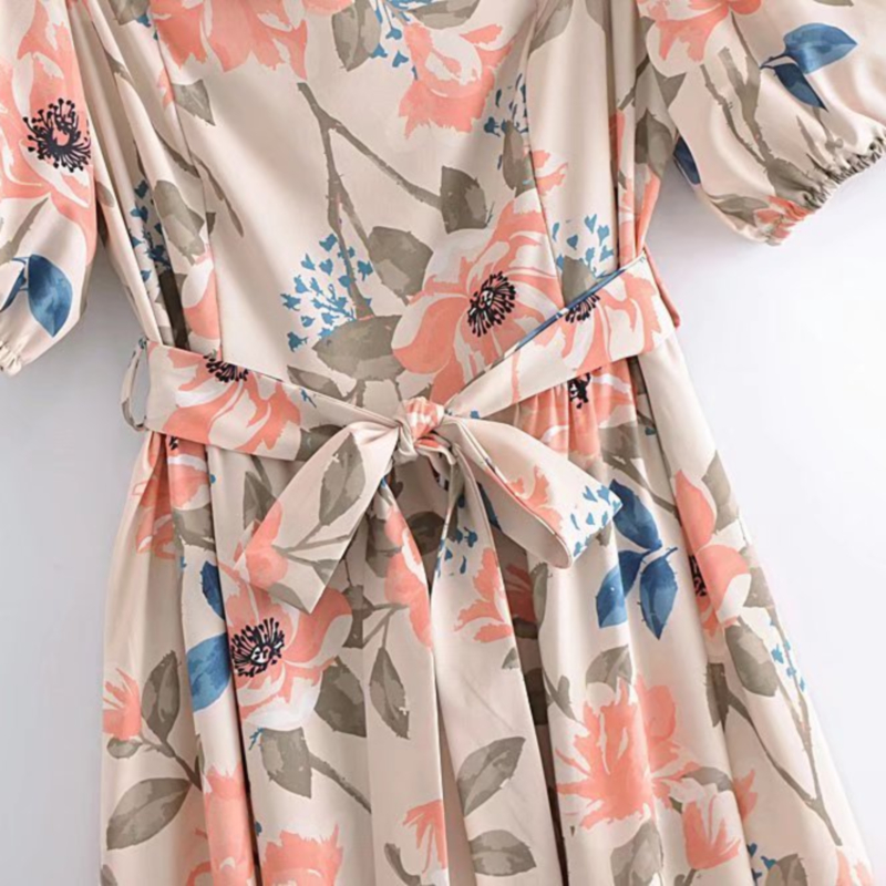 Large flower printed square neck tie puff sleeve long dress NSLAY127164