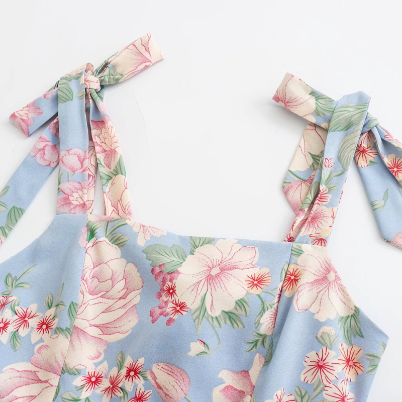 lace-up sling backless flower print dress NSLAY127290
