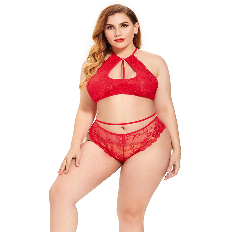 Plus Size solid color embroidery Strap Bra and Panty Underwear Set NSLXQ127320