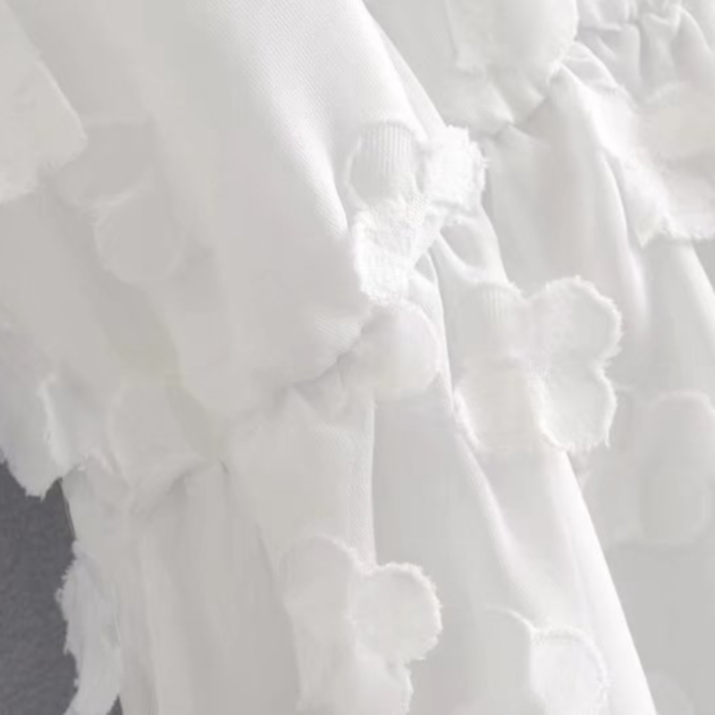 vestido de malla de color sólido de manga corta con tirantes de decoración de pétalos tridimensionales NSLAY127300