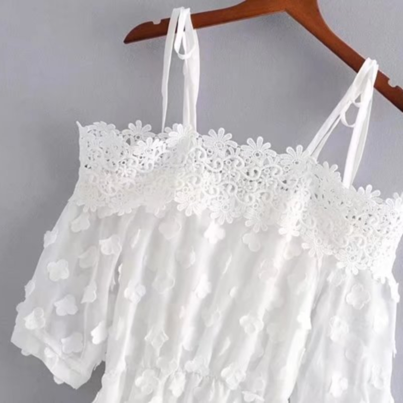 three-dimensional petal decoration suspender short sleeve solid color mesh dress NSLAY127300