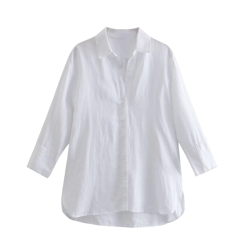 long sleeve loose v neck solid color Linen Shirt NSLAY127717