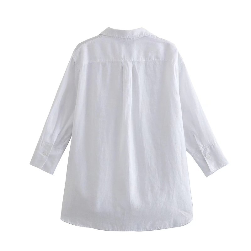 long sleeve loose v neck solid color Linen Shirt NSLAY127717