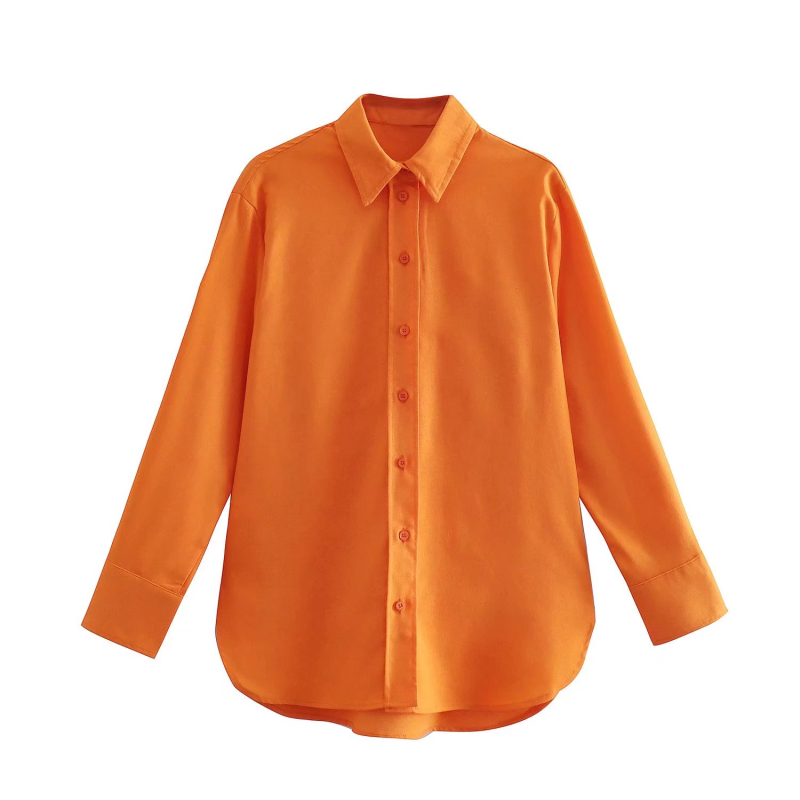 camisa holgada de lino de color liso con solapa y manga larga NSLAY127716