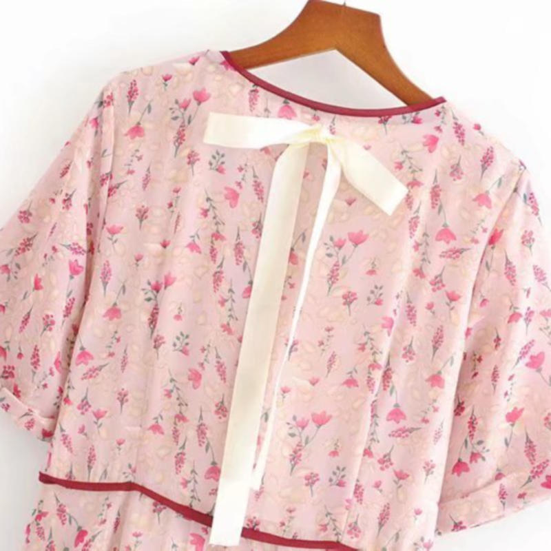 V-Neck short sleeve lace-up Floral Print Dress NSLAY127700