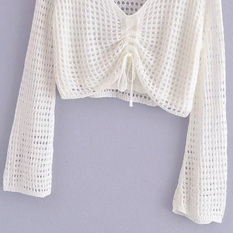 V-neck hollow drawstring long sleeve solid color knitted top NSLAY127699